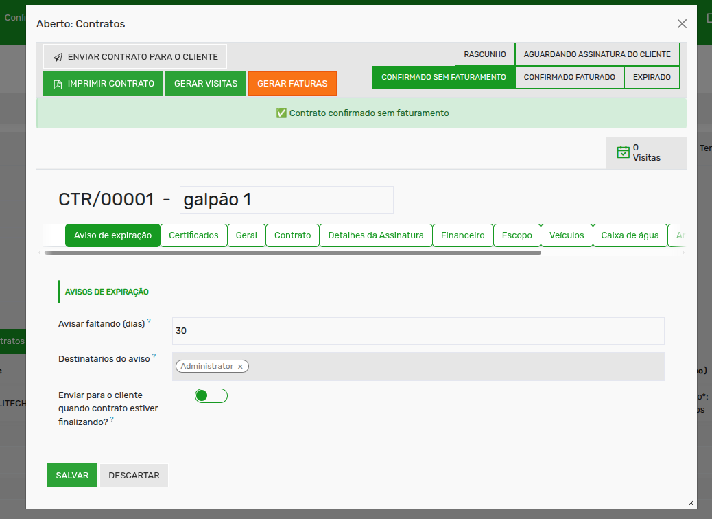 Tela 1 - Gerando visitas automaticamente pelo contrato