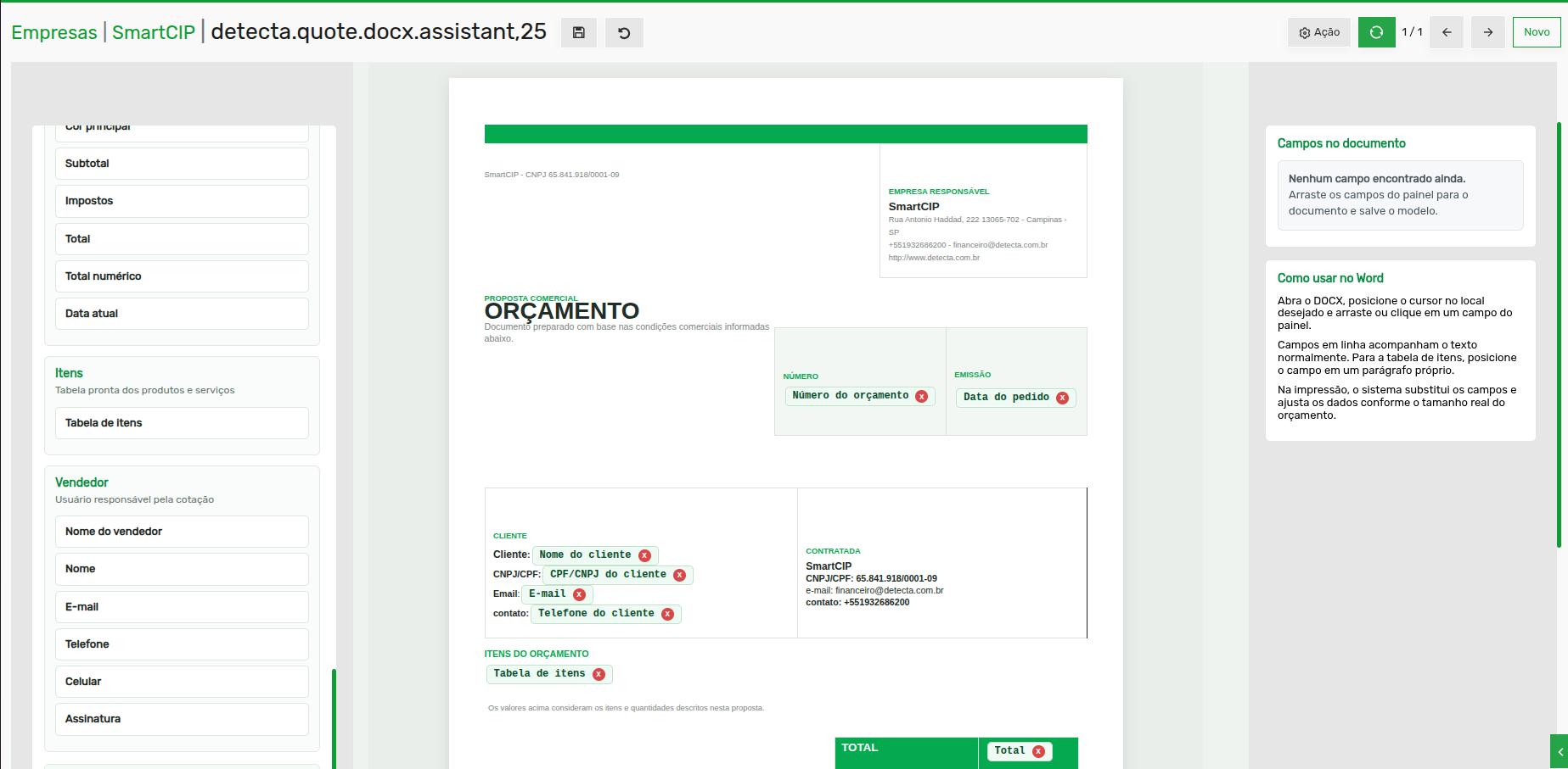 Assistente de orçamento DOCX com campos posicionados no SmartCIP