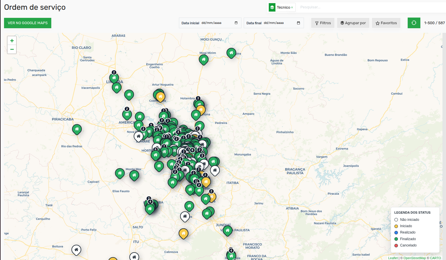 Mapa real do SmartCIP com ordens por técnico e status